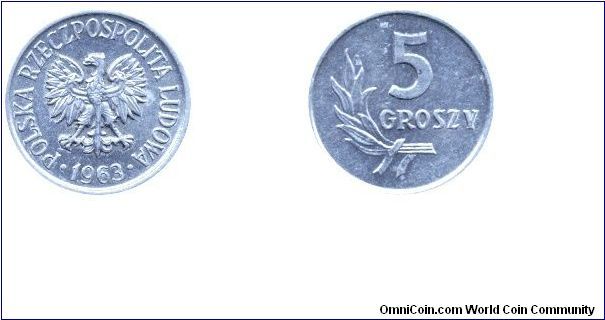 Poland, 5 groszy, 1963, Al, People's Republic of Poland.                                                                                                                                                                                                                                                                                                                                                                                                                                                            