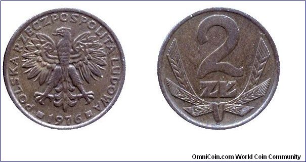 Poland, 2 zlote, 1976, Brass, People's Republic of Poland.                                                                                                                                                                                                                                                                                                                                                                                                                                                          