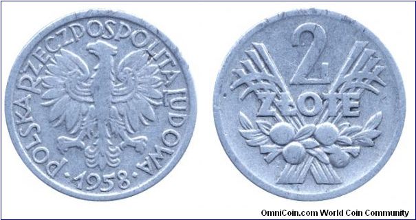 Poland, 2 zlote, 1958, Al, People's Republic of Poland.                                                                                                                                                                                                                                                                                                                                                                                                                                                             
