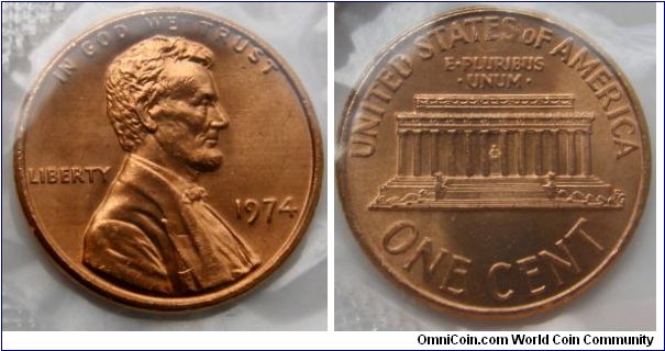 Lincoln One Cent. 1974 Mint Set.
Mintmark: None (for Philadelphia, PA) below the date