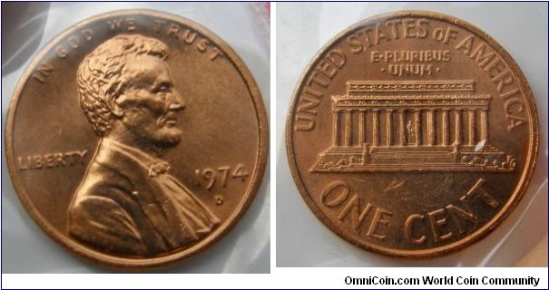 Lincoln One Cent. 1974 Mint Set.
Mintmark: D (for Denver, CO) below the date