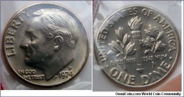 Roosevelt One Dime, 1974 Mint Set. Mintmark: D (for Denver, CO) above the date
