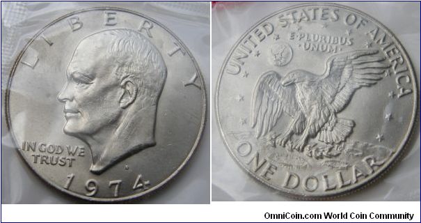 EISENHOWER One Dollar, 1974 Mint Set. Mintmark: D (for Denver, CO) between Eisenhower's head and the date