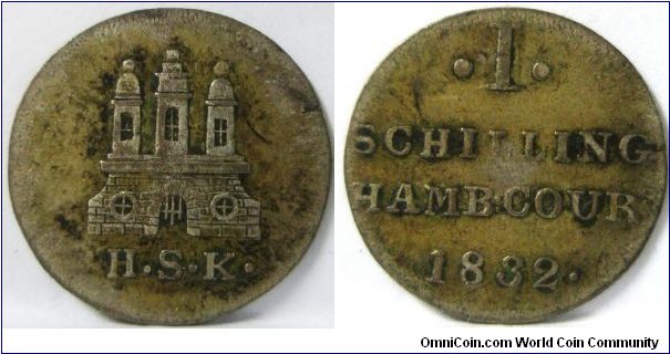 German States - Hamburg, Free City regular coinage, Schilling, 1832 HSK. 1.08g, 0.3750 Silver, .0130 Oz. ASW. Obv.: Castle with H.S.K.. Rev.: 'I' between dots. Rev. Legend: HAMB.COUR. Mintage: 142,000 units. VF.