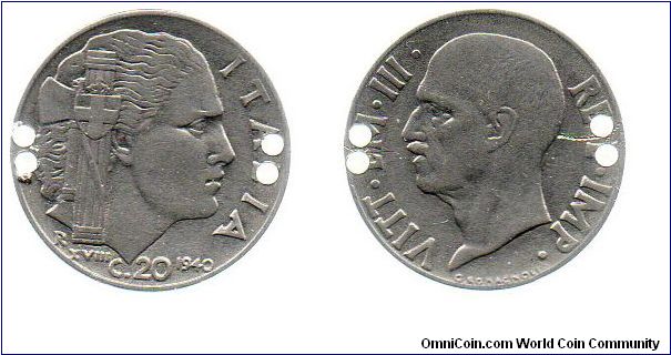 1940 20 centesimi - non magnetic - holed
