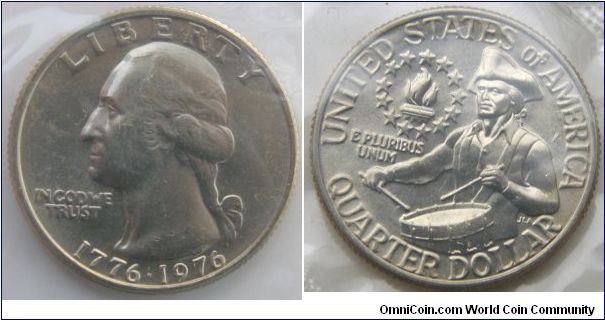Washington Bicentennial    Quarter Dollar, 1975 Mint Set. Mintmark: None (for Philadelphia, PA) on the obverse just right of the ribbon