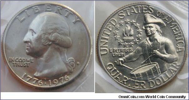 Washington Bicentennial Quarter Dollar. 1975 Mint Set. Mintmark: D (for Denver, Colorado) on the obverse just right of the ribbon
