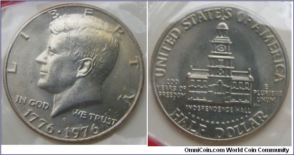 Kennedy Bicentennial Half Dollar. 1975 Mint Set. Mintmark: D (for Denver, CO) centered above the date