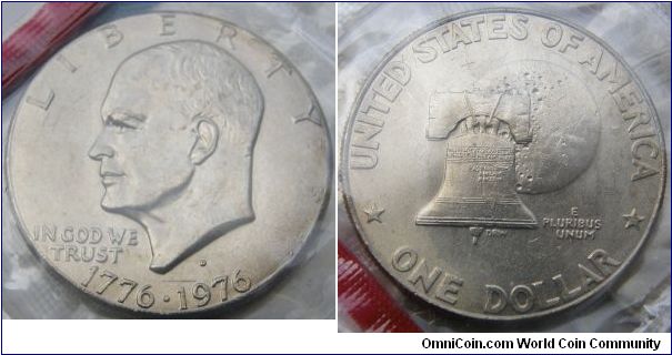 EISENHOWER Bicentennial One  Dollar, 1975  Mint Set. Mintmark: D (for Denver, CO) between Eisenhower's head and the date