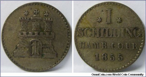 German States - Hamburg, Free City regular coinage, Schilling, 1855. 1.08g, 0.3750 Silver, .0130 Oz. ASW. Note: Beaded borders. Mintage: 1,841,000 units. VF.