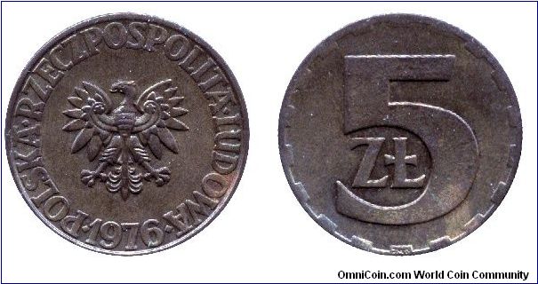 Poland, 5 zlotych, 1976, Brass, People's Republic of Poland.                                                                                                                                                                                                                                                                                                                                                                                                                                                        