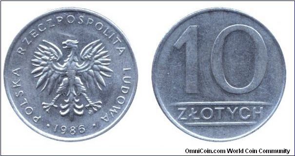 Poland, 10 zlotych, 1985, Cu-Ni, People's Republic of Poland.                                                                                                                                                                                                                                                                                                                                                                                                                                                       