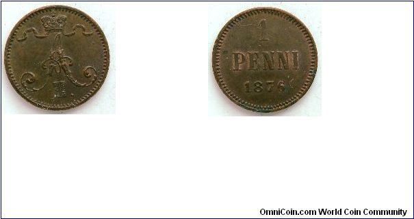 1 penni.
Alexander II (1855-1881).
Grand Duchy of Finland.