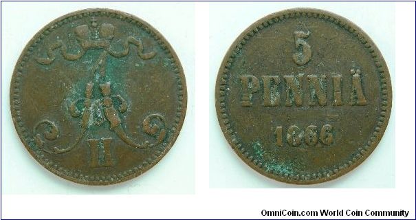 5 pennia.
Alexander II (1855-1881).
Grand Duchy of Finland.