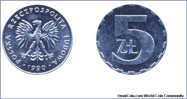 Poland, 5 zlotych, 1990, Al, 20mm, People's Republic of Poland.                                                                                                                                                                                                                                                                                                                                                                                                                                                     