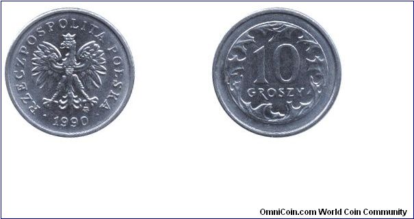 Poland, 10 groszy, 1990, Cu-Ni, 16.5mm, 2.51g, Republic of Poland.                                                                                                                                                                                                                                                                                                                                                                                                                                                  