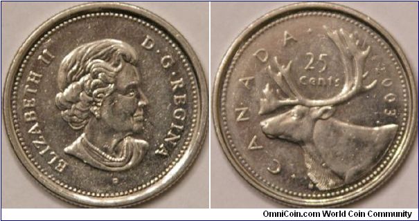 25 cents, first year for new image of the Queen, 23.5 mm, Cu-Ni