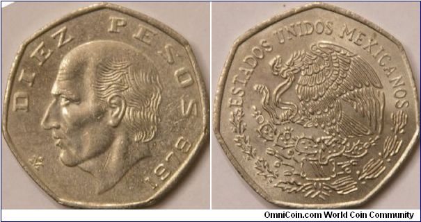 10 Pesos, lovely stylized image of national symbol, 31 mm