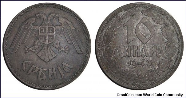 SERBIA~10 Dinara 1943. Mint: Budapest.