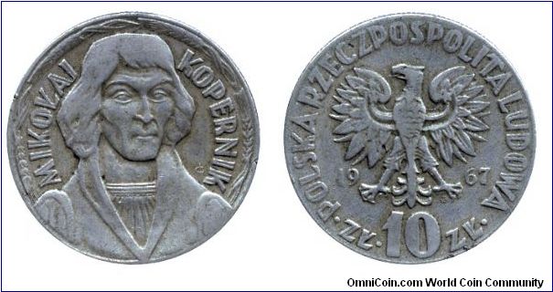 Poland, 10 zlotych, 1967, Cu-Ni, Mikolaj Kopernik.                                                                                                                                                                                                                                                                                                                                                                                                                                                                  