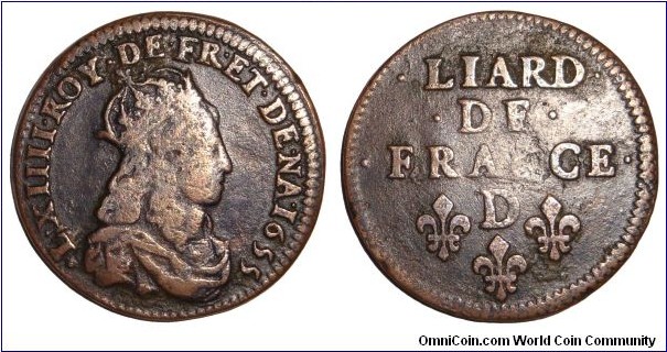 FRANCE (KINGDOM)~1 Liard 1655. Under King: Louis XIV.