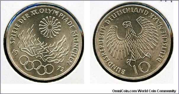 10Dm 
Munich Olympics
Olympic flame and spiral symbol/rings  & date
Eagle & value
Hamburg mint = J