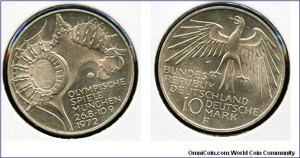 10Dm 
Munich Olympics
Olympic Stadium
Eagle value & date
Stuttgart mint = F