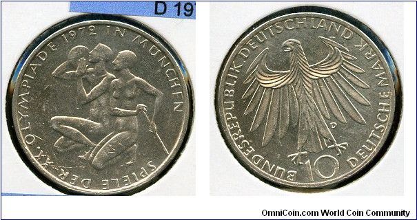 10Dm 
Munich Olympics
2 Athletes kneeling & date
Eagle & value
Munich mint = D