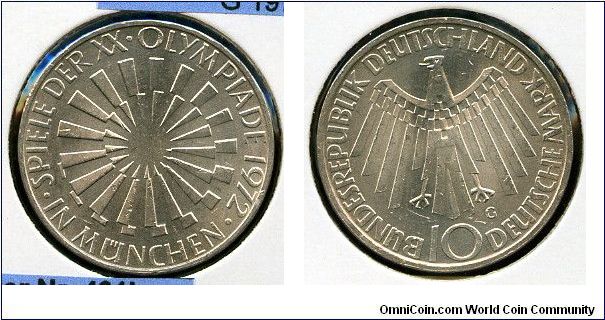 10Dm  
Munich Olympics
Olympic spiral symbol and inscribed In Munchen & date  
Eagle & value
Karlsruhe mint = G