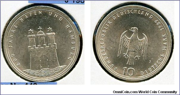 10Dm  
800th Year of the Port of Hamburg 
Coat of arms
Eagle value & date
Hamburg mint = J