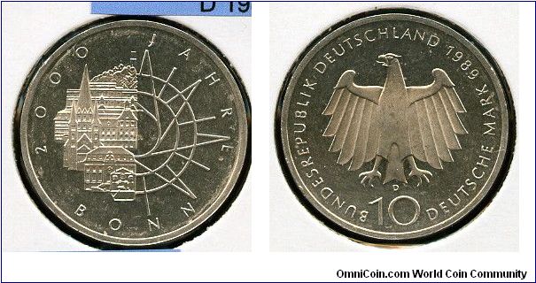 10Dm 
2000th Anniversary - City of Bonn
City scape and geometrical pattern
Eagle value & date
Munich mint = D