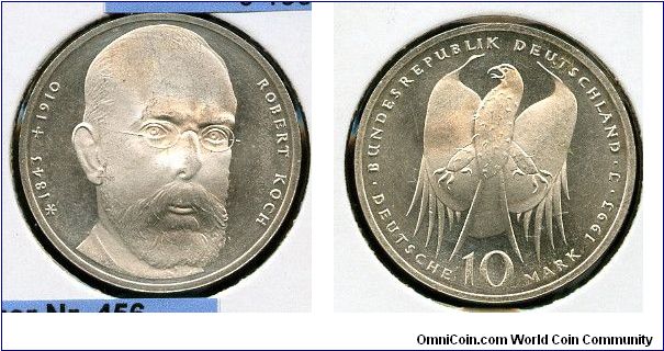 10Dm  
150th birthday of Robert Koch
Portrait of R Koch Microbiolagist
Eagle value & date
Hamburg mint = J