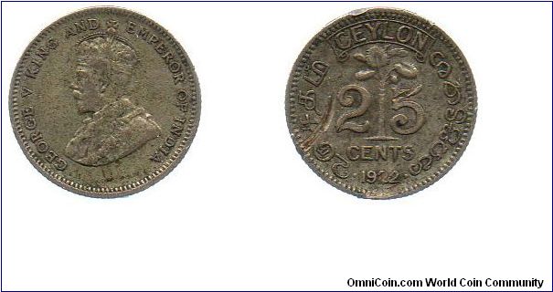 Ceylon 1922 25 cents