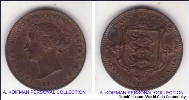 KM-4, 1866 Jersey 1/26'th of a shilling; bronze plain edge half penny size; mintage 173,000; good very fine to extra fine condition