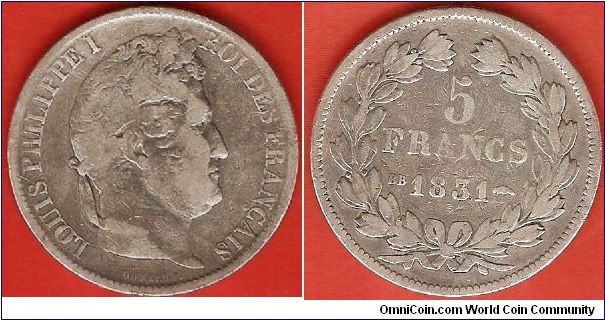 Kingdom
Louis Philippe I
5 francs
0.900 silver
Strasbourg Mint