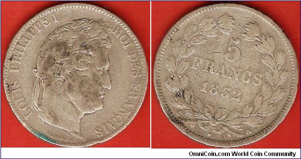 Kingdom
Louis Philippe I
5 francs
0.900 silver
Paris Mint