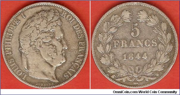 Kingdom
Louis Philippe I
5 francs
0.900 silver
Lille Mint