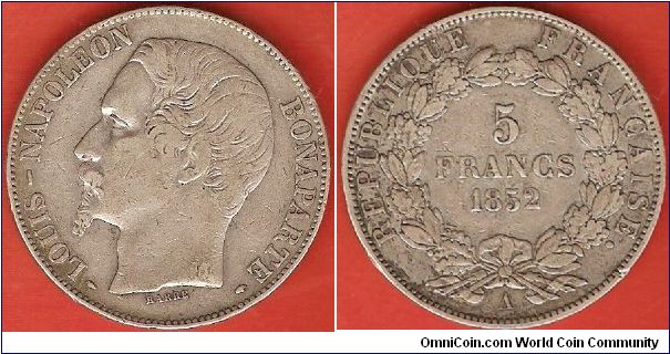 Second Republic
5 francs
Louis-Napoleon Bonaparte, president
0.900 silver
Paris Mint
