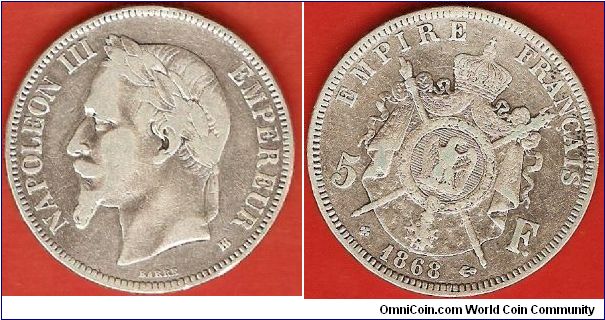 Second Empire
Napoleon III, emperor
5 francs
0.900 silver
Strasbourg Mint