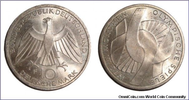 WEST GERMANY~10 Deutsche Mark 1972. Mint: Stuttgart.  Munich Olympics 1972.