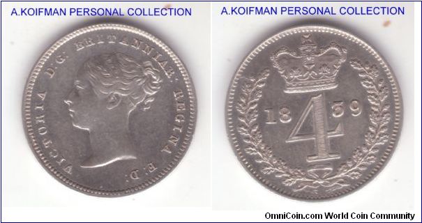 KM732, 1839 Great Britain maundy 4 pence (groat); plain edge silver; clearly re-cut date but some wear and it had been wiped or lightly cleaned.