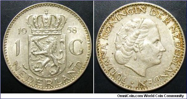 Netherlands 1958 1 guilder. Nice grade.