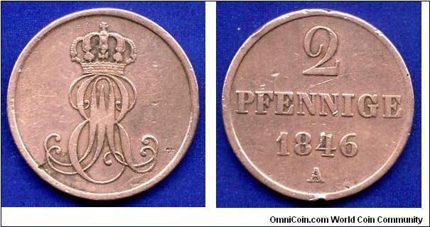 2 pfennige.
Kingdom of Hannover.
King Ernst August (1837-1851).
'A'- Clausthal mint.


Cu.