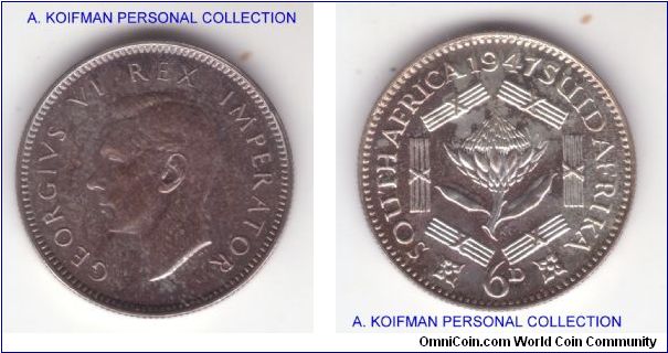 KM-27, 1947 South Africa 6 pence proof; last year of the old imperial enscription; toned from the mint proof set; obverse darker and reverse is a splash of brighter proof colors, mintage is 2,600