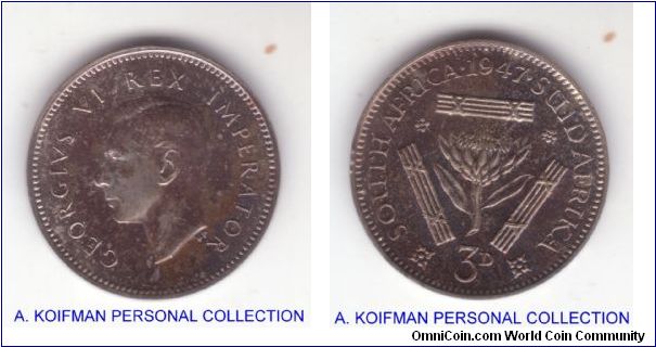 KM-26, 1947 South Africa 3 pence in proof; plain edge darker toned.