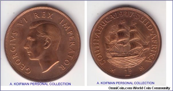 KM-25, 1947 South Africa proof penny; nice red