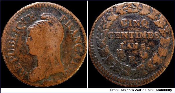 5 Centimes. From the relatively scarce Orleans mint this piece is also slightly off-center.                                                                                                                                                                                                                                                                                                                                                                                                                         