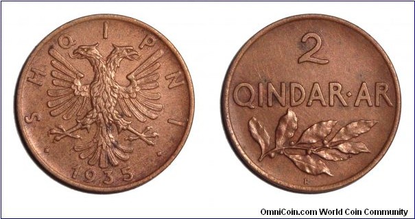 ALBANIA (KINGDOM~2 Qindar Ar 1935. Mint: Rome