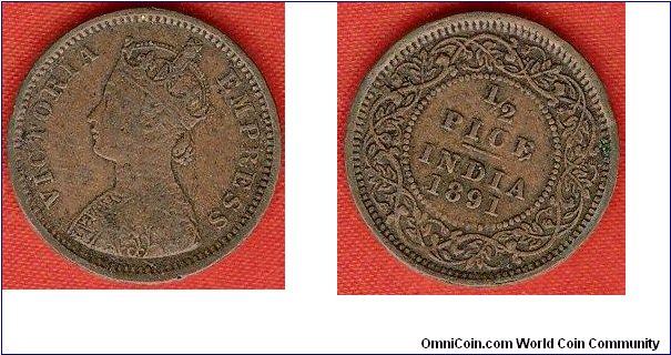 British India
1/2 pice
Victoria, empress
copper
Calcutta Mint