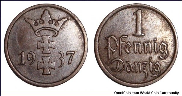 DANZIG (FREE CITY)~1 Pfennig 1937.